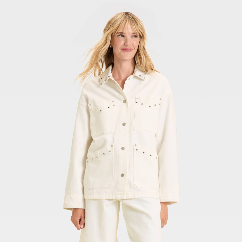 Studded Chore Denim Jacket - White M